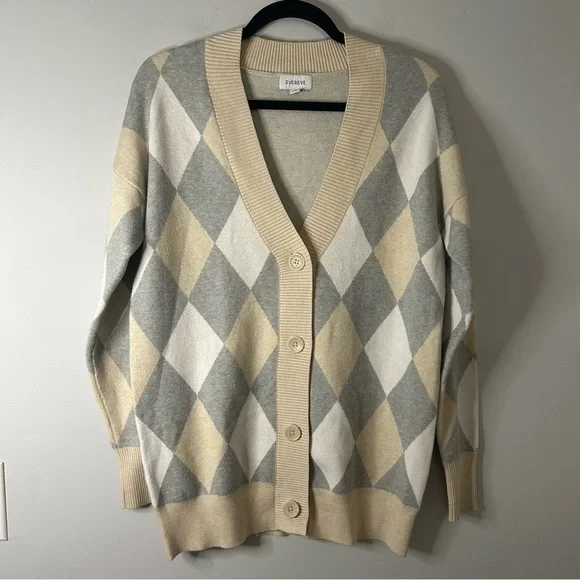 Evereve Pippa Argyle Cream Tan Cardigan - Picture 3 of 7